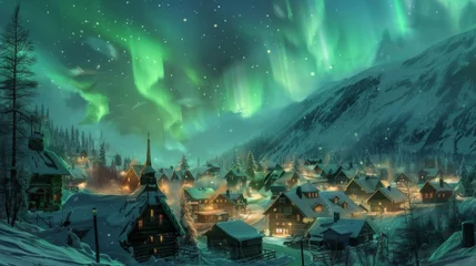 Fotobehang A picturesque village nestled in a valley, with the northern lights painting a vibrant canvas above the snow-capped rooftops. © Plaifah