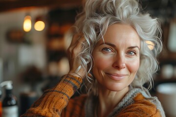 portrait of a middle-aged woman with grey  hair. naturally greying, individuality, social statement concept