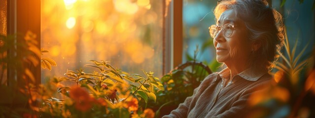 old women near the window with flowers in pot. hobby, enjoying in retirement. relax, find inner balance concept. take care, enjoying the moment. banner