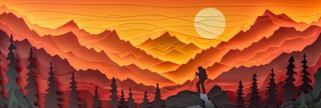 A papercut hiker, silhouette sharp against a fiery orange sunset, reaches the peak of a layered mountain range A tiny papercut tent waits below, a cozy haven after a day of exploration