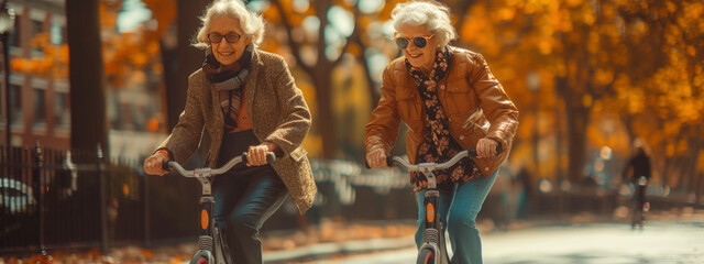 Two old women ride bicycles in the park. rest, relaxation and enjoyment of life in retirement. banner
