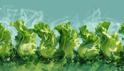 A row of dancing lettuce heads, each with vibrant, wavy leaves, sway to the rhythm of a gentle summer wind - obrazy, fototapety, plakaty