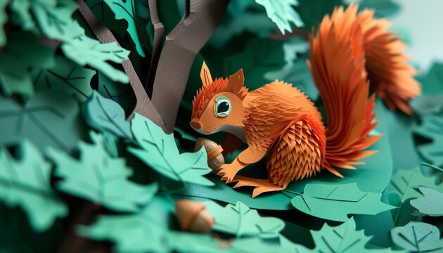 A playful papercut squirrel, its bushy tail a vibrant orange, scurries up a papercut oak tree In its tiny papercut paws, it clutches a papercut acorn, a symbol of autumns bounty nestled amongst the em