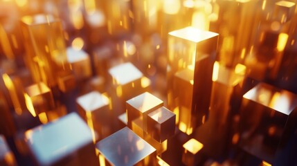 Golden cubes shimmering with light in a conceptual abstract background, invoking a sense of luxury and innovation.
