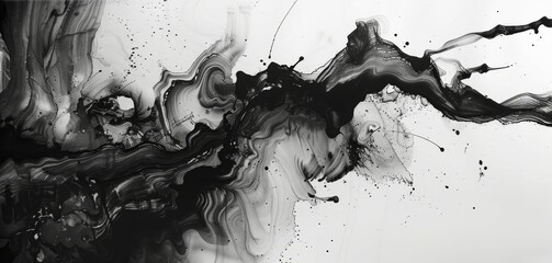 Abstract Ink splatter background black organic fluid Design - obrazy, fototapety, plakaty