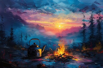 Camping kettle near a campfire on the background of wildlife and sunset