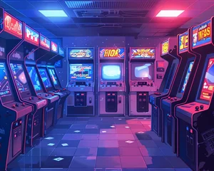 Fototapeten Retroinspired vector illustration of an arcade room from the 80s, featuring classic arcade machines, neon signs, and an atmosphere filled with nostalgia © NatthyDesign