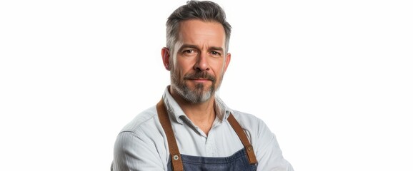 Mid aged man with arms crossed isolated on white background exuding attractiveness