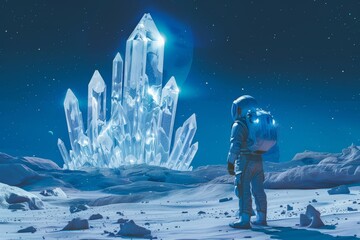 Astronaut exploring crystal formations on alien planet