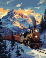 Vector illustration of a vintage train journey through the Rocky Mountains, showcasing historical locomotives, rugged landscapes, and the romance of rail travel
