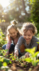Two young girls are playing in a garden, one of them is holding a plant
