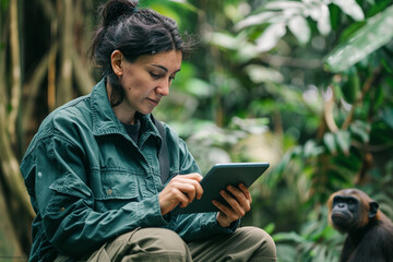 Obraz premium A woman is sitting on the ground and looking at a tablet