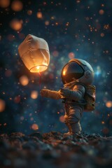 Astronaut releasing lantern into starry night - obrazy, fototapety, plakaty