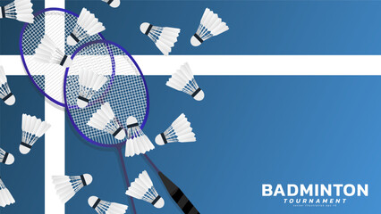 Obraz premium Badminton racket with white badminton shuttlecock n blue background ,vector sports illustration poster or banner style, illustration Vector EPS 10