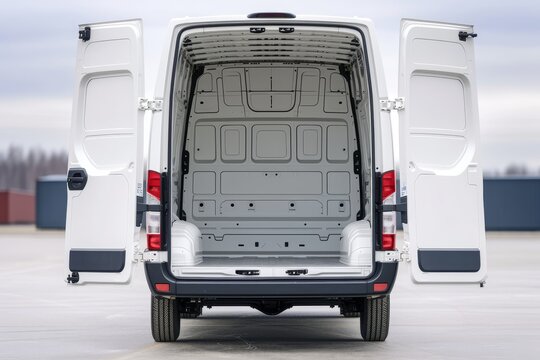 Rear doors of a white van open empty truck visible