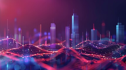 A digital representation of a city skyline with blue and purple lights. - obrazy, fototapety, plakaty