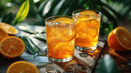 summer orange cocktails with citrus fruits on white background hard seltzer lemonade refreshing drinks low alcohol mocktails summer party concept trendy palm leaf stock photo