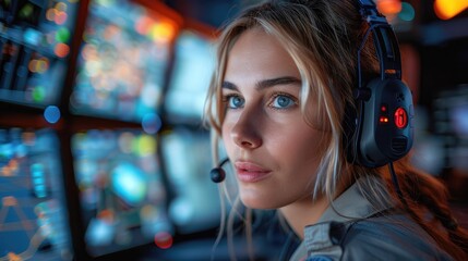 a united states emergency services call dispatcher speaking into their headset and with tracking maps on the screens,art photo - obrazy, fototapety, plakaty