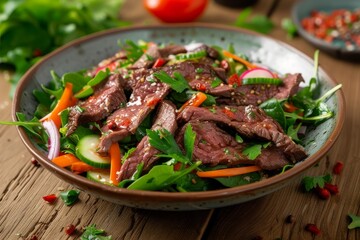 Spicy beef salad with vegetables and greens on a wooden table - obrazy, fototapety, plakaty