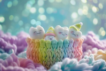 In a colorful toothbrush holder, a family of baby teeth snuggle up, each with a tiny nightcap, ready for their bedtime story - obrazy, fototapety, plakaty