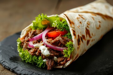 Spicy kebab wrap with yummy meat lettuce tomato onion and sauce