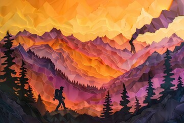 Layered papercut mountains, their peaks ablaze with fiery orange and purple hues, cast long shadows across a papercut meadow A lone hiker, crafted from forest green paper, treks towards a papercut cam - obrazy, fototapety, plakaty