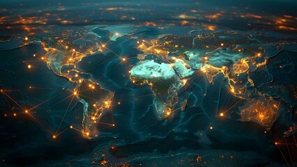 World map with glowing lines showing global telecommunications network connections. Concept World Map, Telecommunications, Global Network, Glowing Lines, Connections