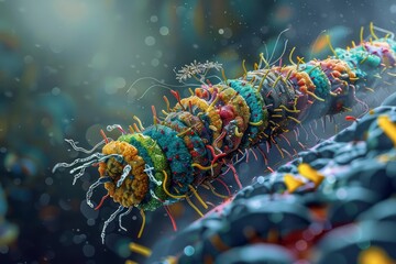 Like a tank bristling with cilia, a friendly bacterium rumbles across the battlefield of the human microbiome Its armor, adorned with colorful stripes, reflects the diverse community it protects - obrazy, fototapety, plakaty