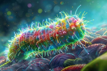 Like a tank bristling with cilia, a friendly bacterium rumbles across the battlefield of the human microbiome Its armor, adorned with colorful stripes, reflects the diverse community it protects - obrazy, fototapety, plakaty