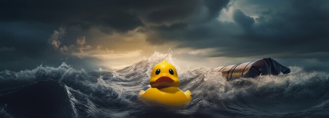 A yellow rubber duck is in the water, splashing around and enjoying the waves