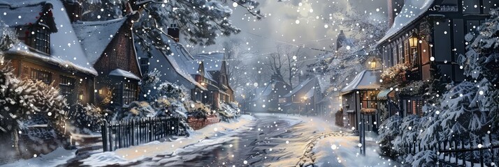 Snowflakes gently kiss the cobblestone streets of a quaint village, their delicate touch a whisper of white, kawaii, bright water color - obrazy, fototapety, plakaty