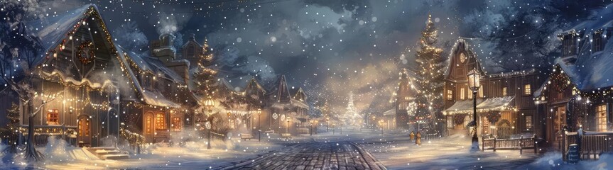 Snowflakes gently kiss the cobblestone streets of a quaint village, their delicate touch a whisper of white, kawaii, bright water color
