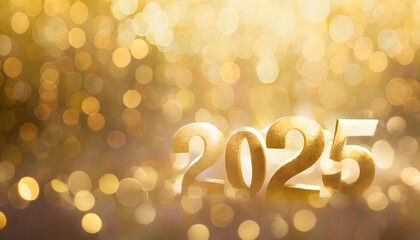 Number of 2025,  golden glitter sparkling typography numbers design with bokeh. Number of 2025 gold wallpaper design