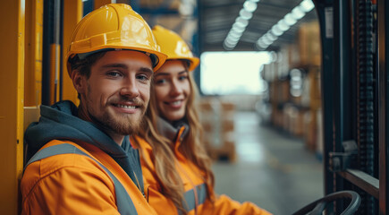 Smiling man and woman works on forklift in a parcel warehouse. Generative AI.