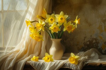Spring themed rural still life with a bouquet of yellow daffodils and garden flowers reflecting a cottage core aesthetic