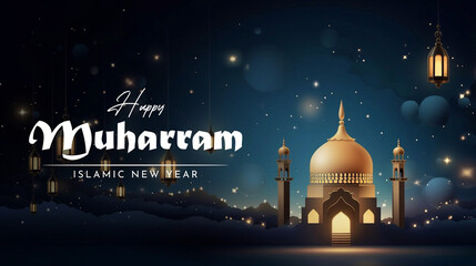 Happy Islamic New Year Poster Design. Islamic Greeting Card Concept with Arabic Lantern Design . Happy New Hijri Year Template. Happy Muharram Poster.Ashura Day