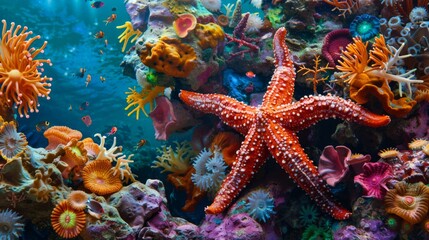 A starfish clinging to a vibrant coral formation, adding pops of color to the reef