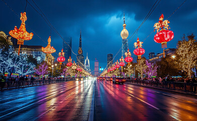 Shanghai parade decoration on the road. Celebrate the Chinese Lunar New Year or Spring Festival