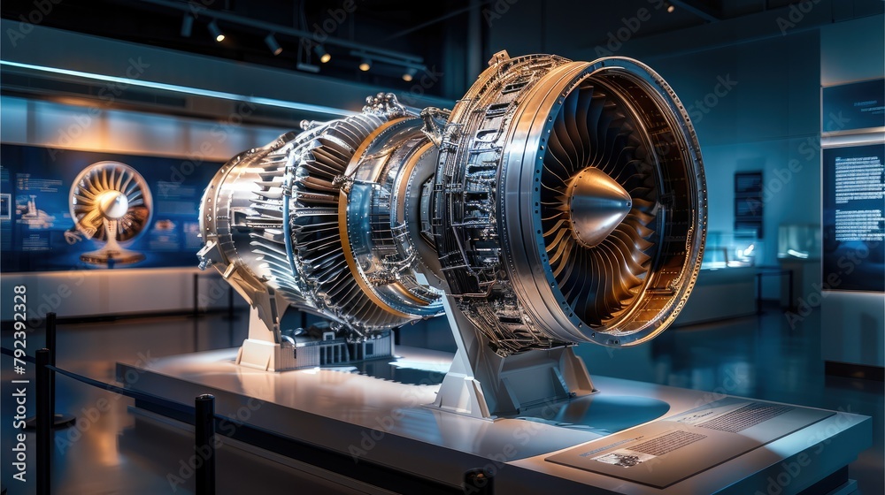 Poster cross-section of a jet engine profile, educative exhibition. generative ai.