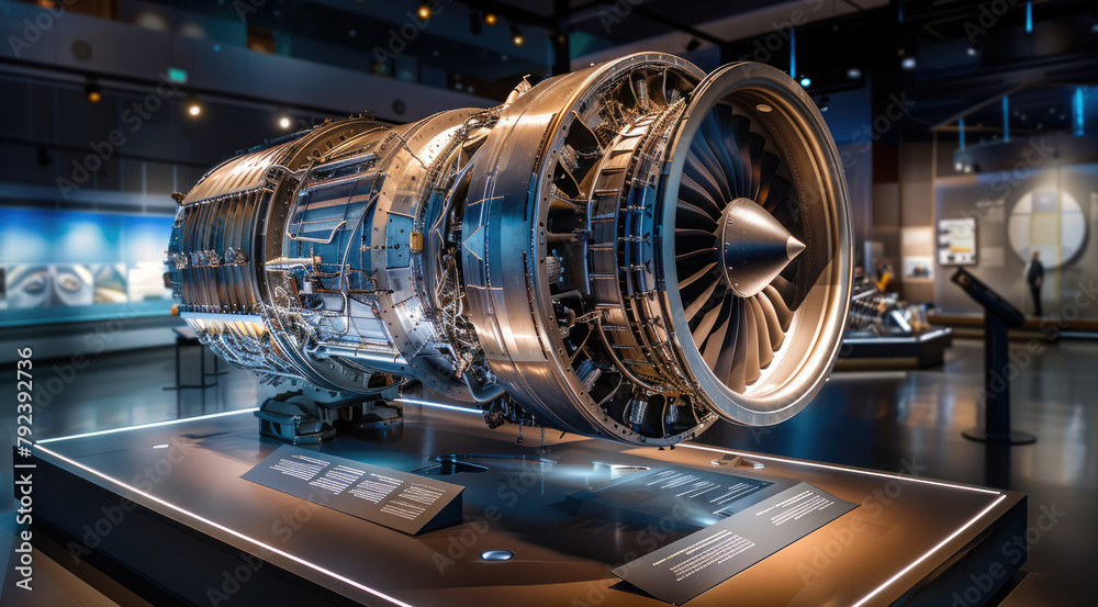 Poster cross-section of a jet engine profile, educative exhibition. generative ai.
