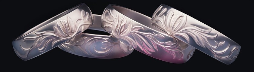 Womans elegant fingers displaying polished silver stack rings with intricate lily engravings, under soft ambient lighting