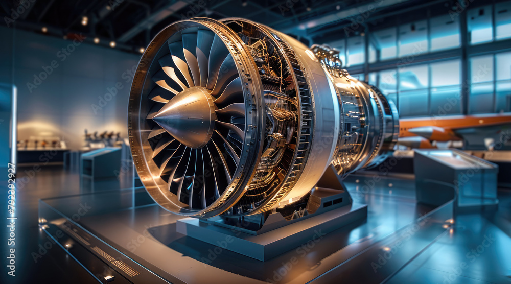 Poster Cross-section of a jet engine profile, educative exhibition. Generative AI.