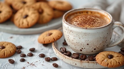 cup of espresso and cookies on a white table,art photo