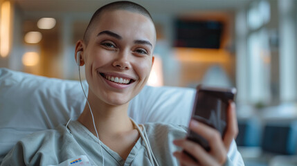 Hospitalized woman smiling talking via video call on smartphone, woman with shaved hair. Generative AI.