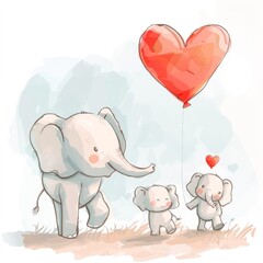A elephant mom walking with her babies behind her and one of them is holding a balloon shaped like a heart.
