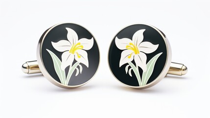 Stylish and elegant cuff links featuring soft white lilies, styled on a glossy black surface to highlight their sophisticated design