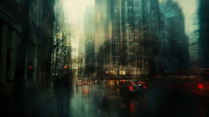 In the City of Shadows blurred skysers loom over dimlylit streets highlighting the citys dual nature of bustling activity and hidden secrets. . - obrazy, fototapety, plakaty