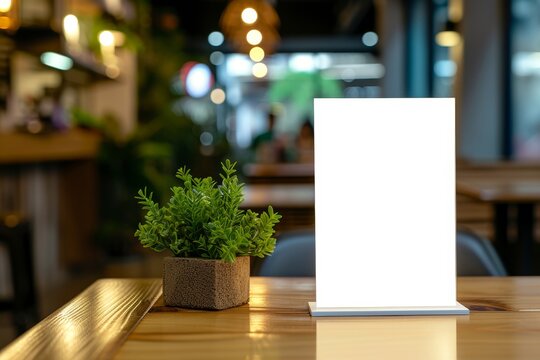 Label the menu frame in a bar restaurant with white sheets of paper acrylic tents on a wooden table in the cafeteria with a blurred background for c