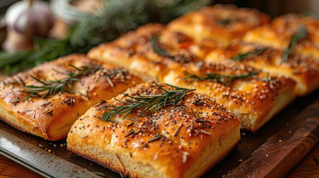 italian focaccia bread with rosemary and garlicillustration image
