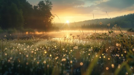 A tranquil landscape bathed in dawn's light, adorned with sparkling morning dew